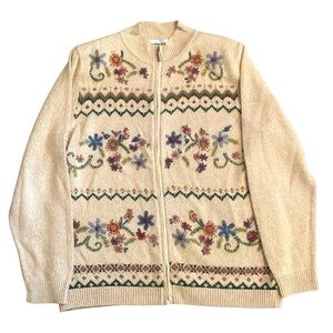 Vintage Alfred Dunner Floral Embroidered Zip Cardigan Sweater Women’s Small